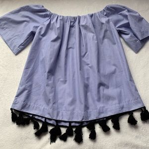 Blue and White Striped Puff Sleeve Tassel Blouse